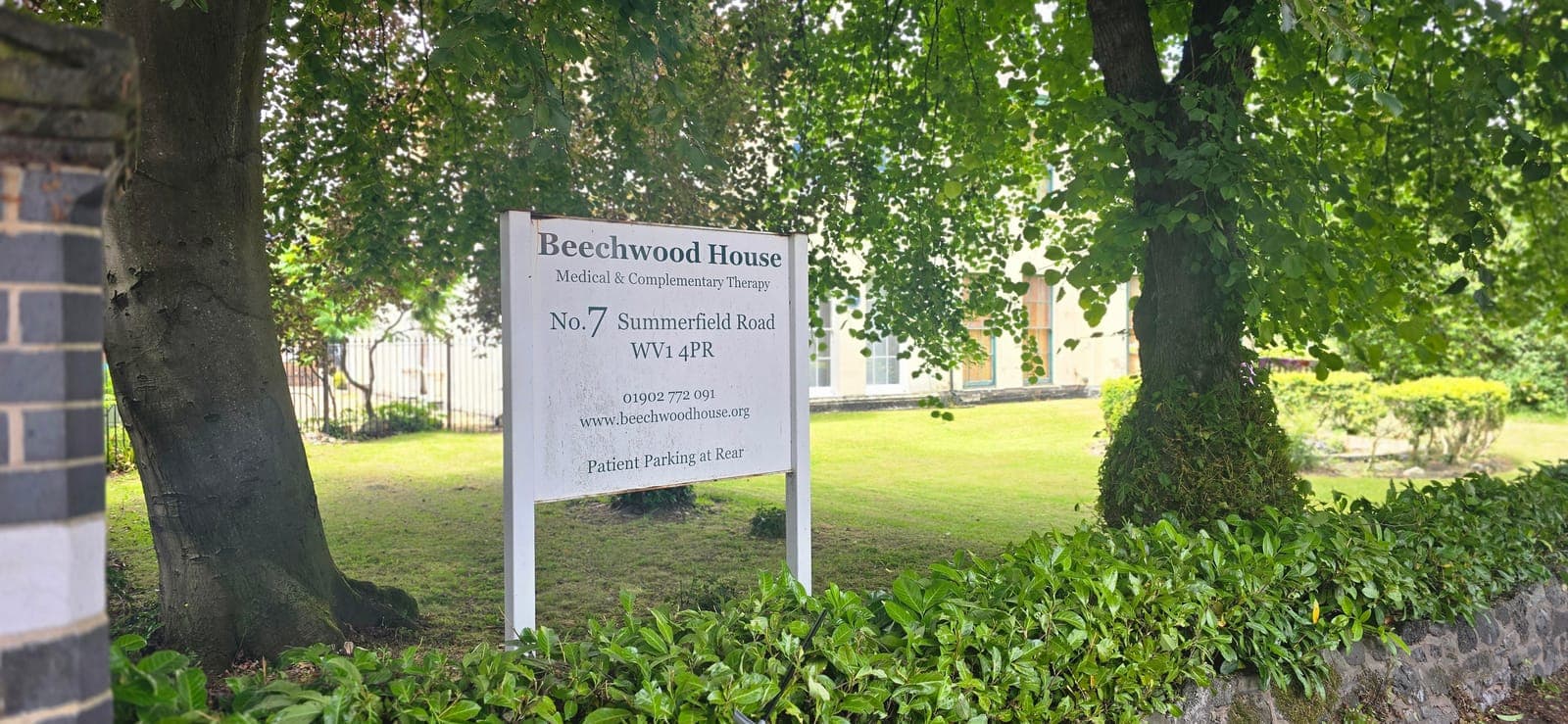 The Beechwood House signboard on Summerfield Road, Wolverhampton (WV1 4PR), with patient parking at the rear.